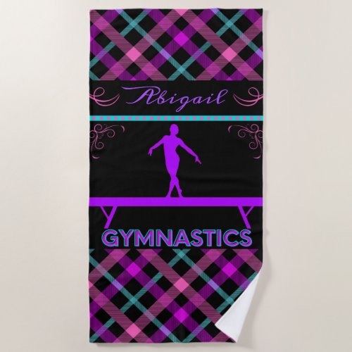Gymnastics Beam Pink Purple Teal Tartan  Beach Towel
