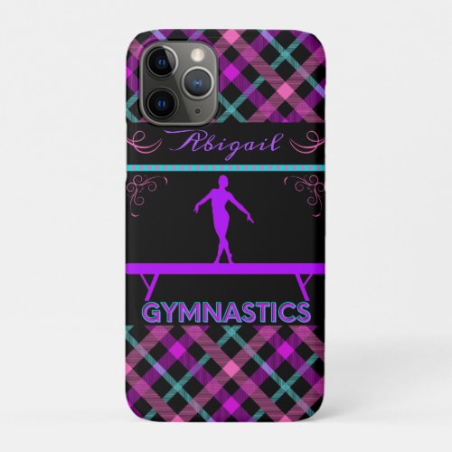 Gymnastics Beam Pink Purple Teal Tartan  iPhone 11 Pro Case