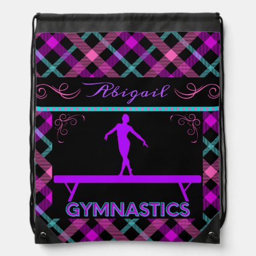 Gymnastics Beam Pink Purple Teal Tartan  Drawstring Bag