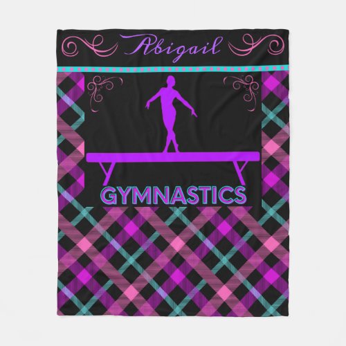 Gymnastics Beam Pink Purple Teal Tartan Fleece Blanket