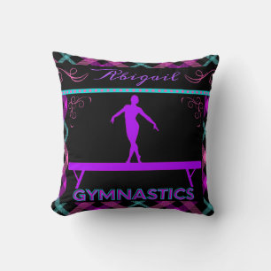 Gymnastics Beam Pink Purple Teal Tartan Throw Pillow