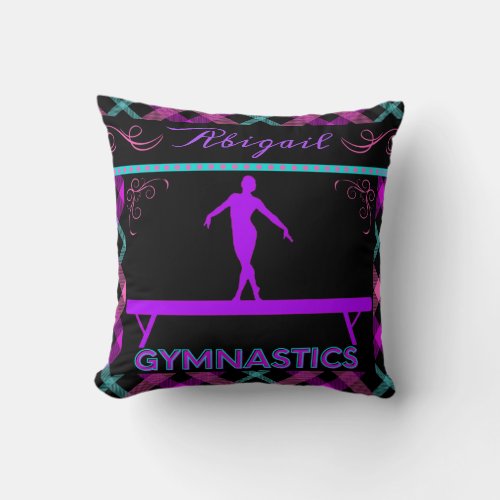 Gymnastics Beam Pink Purple Teal Tartan  Throw Pillow