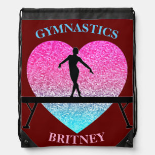 Gymnastics Beam Sparkle Heart Burgundy Drawstring Bag
