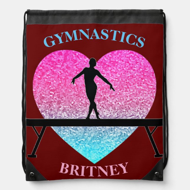 Gymnastics Beam Sparkle Heart Burgundy Drawstring Bag (Front)