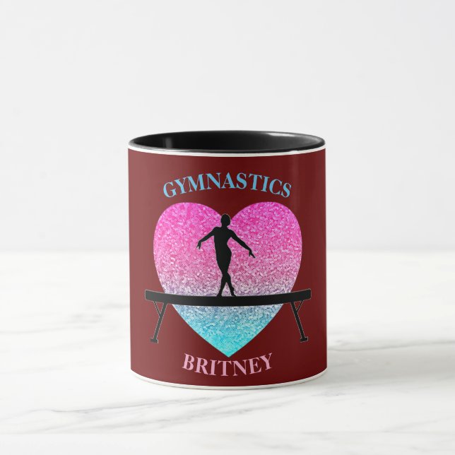 Gymnastics Beam Sparkle Heart Burgundy Mug (Center)