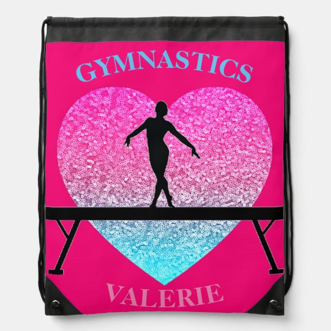 Gymnastics Beam Sparkle Heart Drawstring Bag (Front)