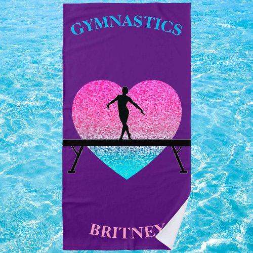 Gymnastics Beam Sparkle Heart Purple Beach Towel 