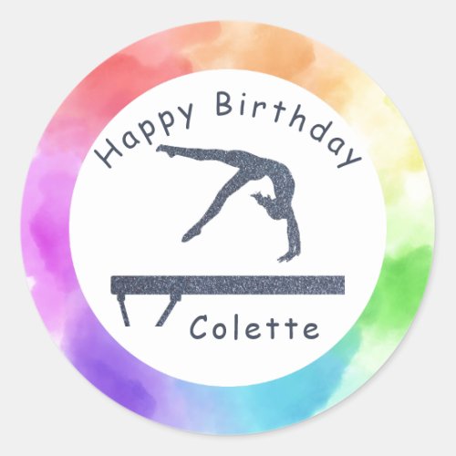 Gymnastics Birthday Balance Beam Watercolor Splash Classic Round Sticker