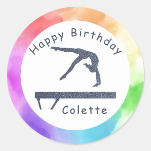 Gymnastics Birthday Balance Beam Watercolor Splash Classic Round Sticker