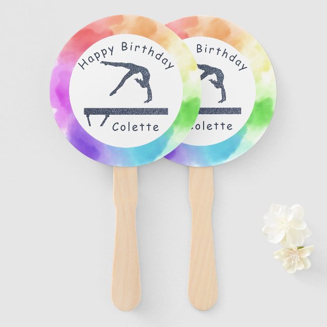 Gymnastics Birthday Balance Beam Watercolor Splash Hand Fan (Front and Back)