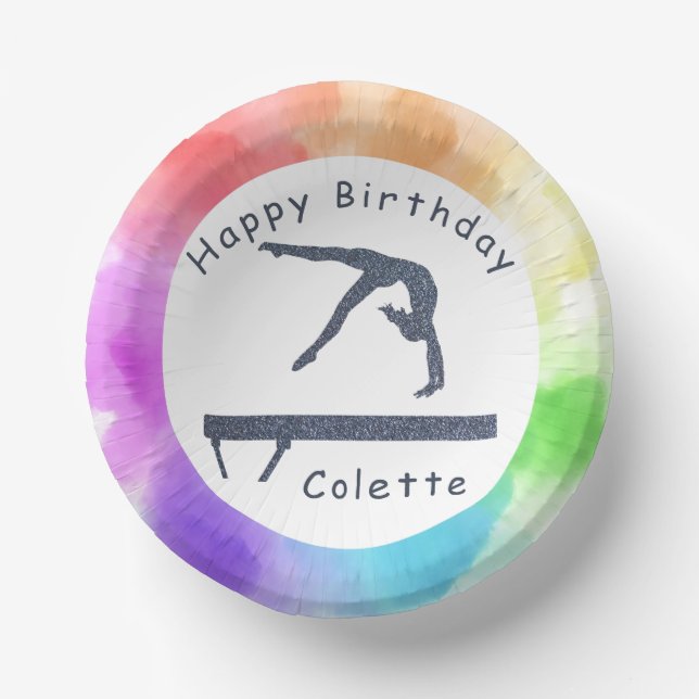 Gymnastics Birthday Balance Beam Watercolor Splash Paper Bowls (Front)