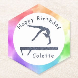 Gymnastics Birthday Balance Beam Watercolor Splash Paper Coaster