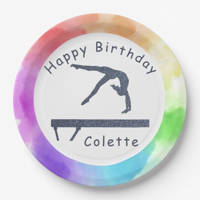 Gymnastics Birthday Balance Beam Watercolor Splash Paper Plates (Front)