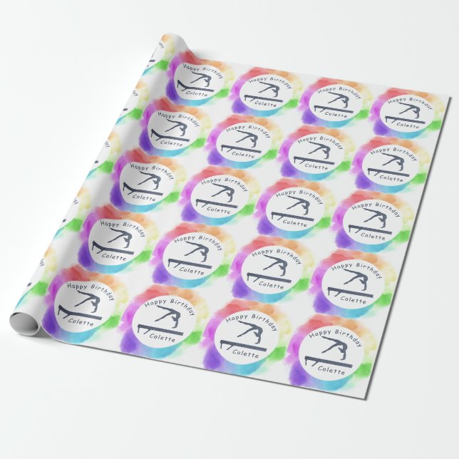 Gymnastics Birthday Balance Beam Watercolor Splash Wrapping Paper (Unrolled)
