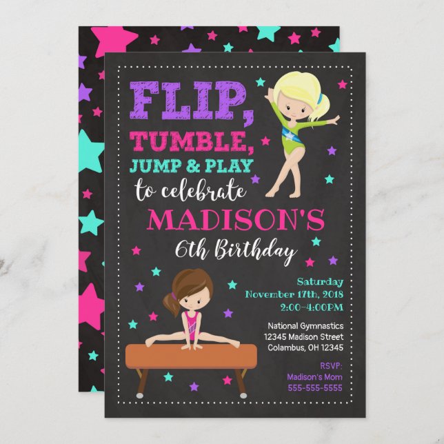 Gymnastics Birthday Invitation / Girl / Chalkboard (Front/Back)