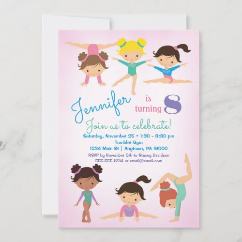 Gymnastics Birthday Invitation _ Girls Pink