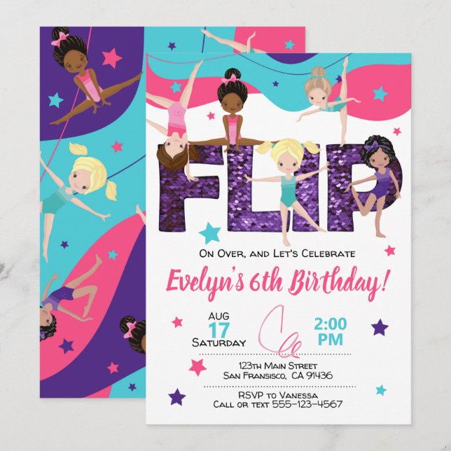 Gymnastics Birthday Invitation, Jump Invitation (Front/Back)