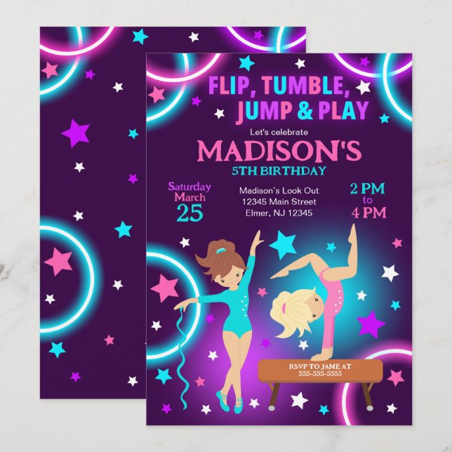 Gymnastics Birthday Invitation Neon Glow Party (Front/Back)