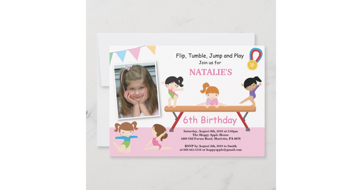 Gymnastics Birthday Invitation Pink Gym Party | Zazzle