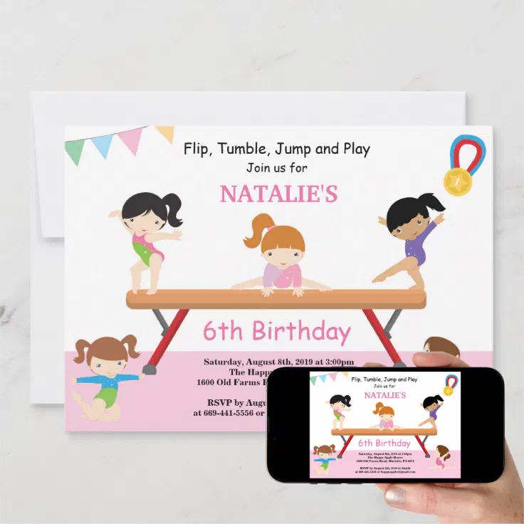 Gymnastics Birthday Invitation Pink Gym Party | Zazzle