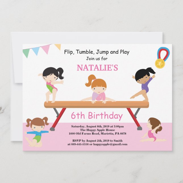 Gymnastics Birthday Invitation Pink Gym Party (Front)