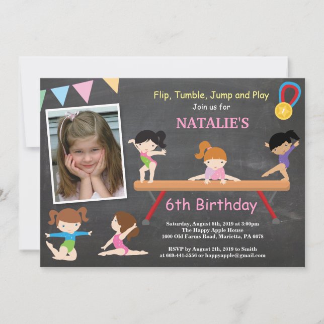 Gymnastics Birthday Invitation Pink Gym Party (Front)