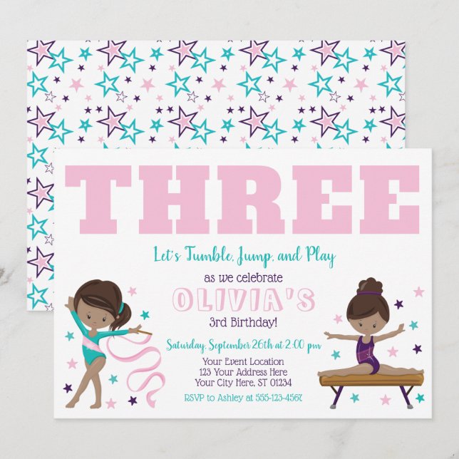 Gymnastics Birthday Invitation with Envelopes (Front/Back)