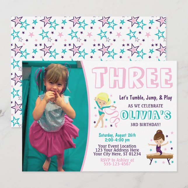 Gymnastics Birthday Invitation with Photo (Front/Back)