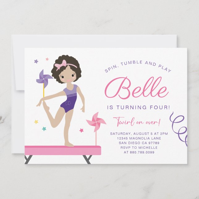 Gymnastics Birthday Invitation with Pinwheels (Front)