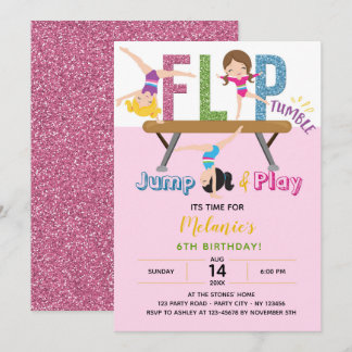 Gymnastics Birthday Invitations -Girl Pink Glitter