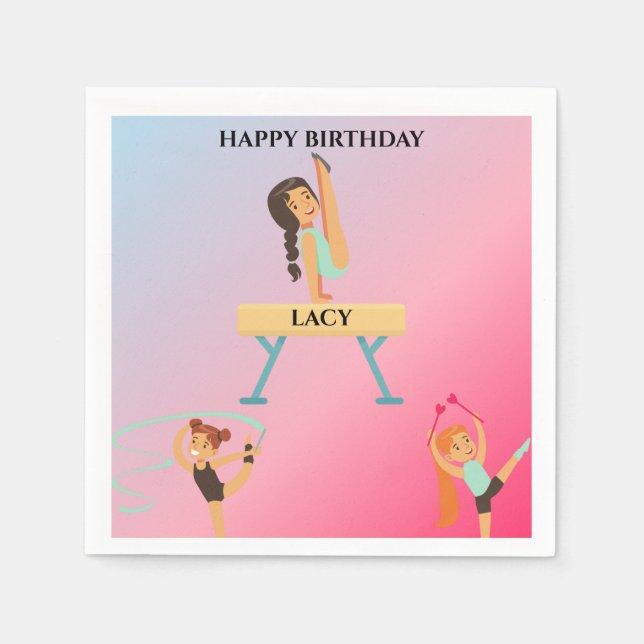 Gymnastics birthday napkins personalized. (Front)