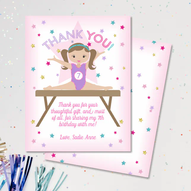 Gymnastics Birthday Party Brown Hair Thank You Card | Zazzle