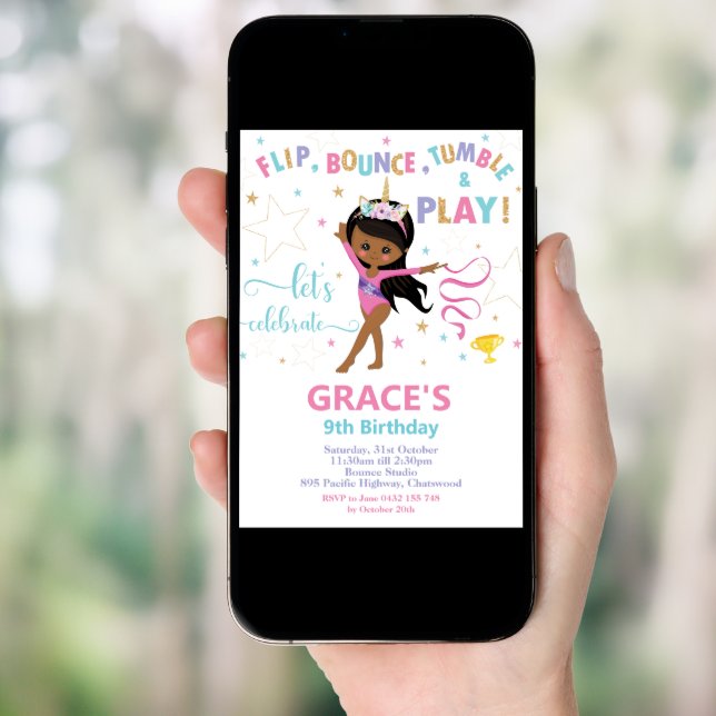 Gymnastics Birthday Party Brown Skin African Invitation (Front Digital)