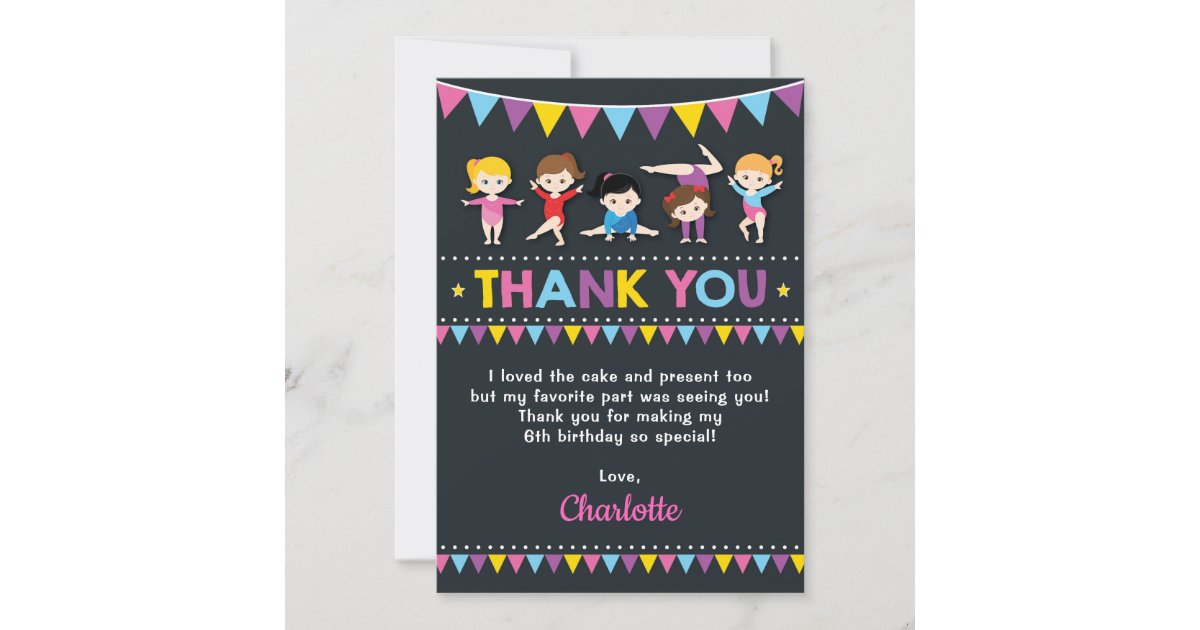 Gymnastics Birthday Party Girly Pink Gym Thank You Card | Zazzle