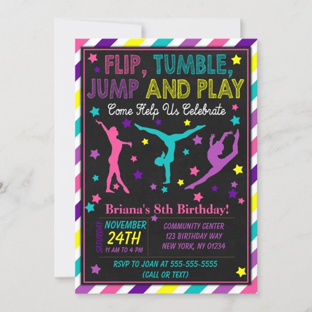 Gymnastics Birthday Party Invitation for a Girl (Front)