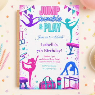 Gymnastics Birthday Party Invitation, Neon Glitter Invitation