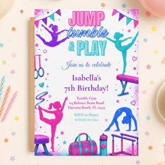 Gymnastics Birthday Party Invitation, Neon Glitter Invitation