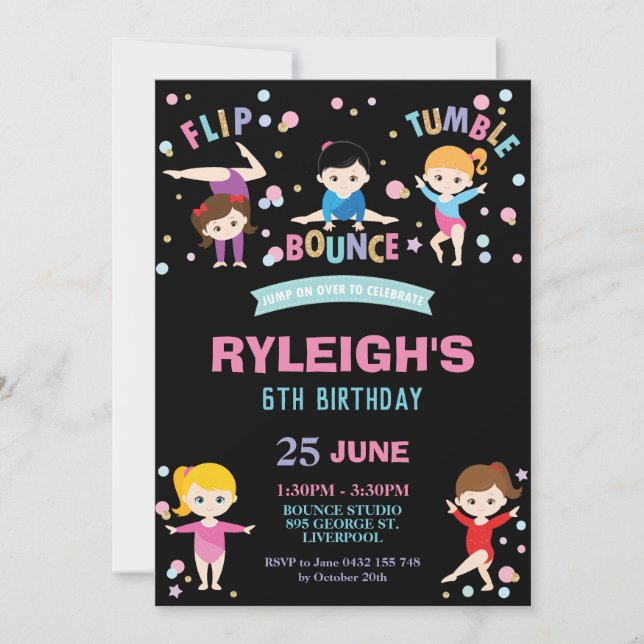 Gymnastics Birthday Party Jump Dance Girls Invitation (Front)