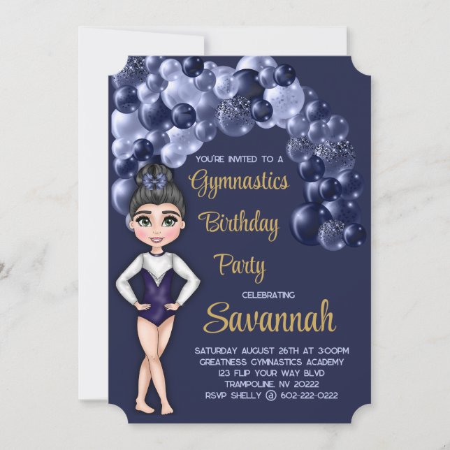 Gymnastics Birthday Party Navy Blue Balloon Arch Invitation (Front)