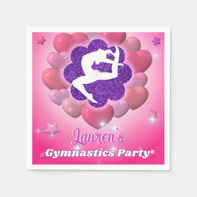 Gymnastics Birthday Party Pink Purple Heart Star Napkins (Front)