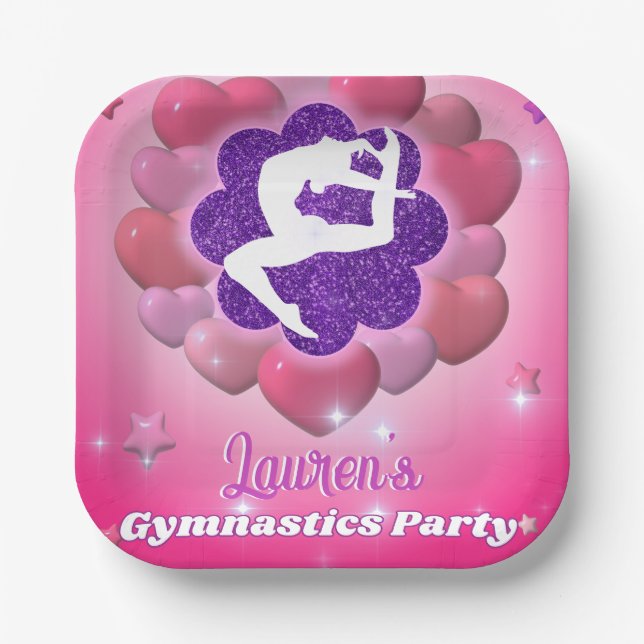 Gymnastics Birthday Party Pink Purple Heart Star Paper Plates (Front)