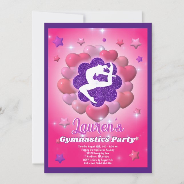 Gymnastics Birthday Party Pink Purple Invitation (Front)