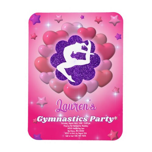 Gymnastics Birthday Party Pink Purple Invitation Magnet