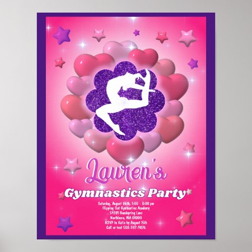 Gymnastics Birthday Party Pink Purple Invitation Poster