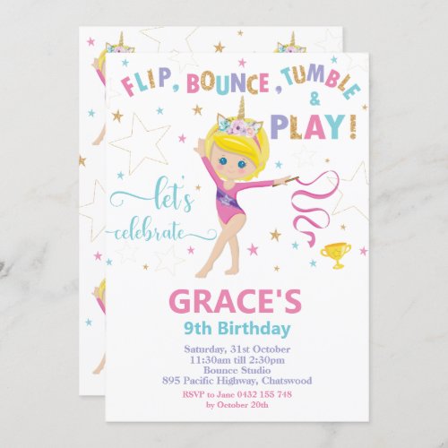 Gymnastics Birthday Party Short Blond Hair Girl Invitation