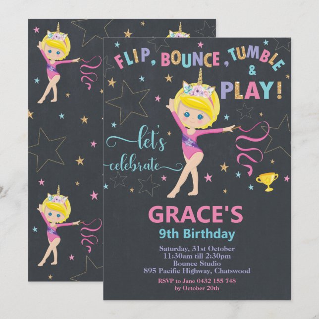 Gymnastics Birthday Party Short Blond Hair Girl Invitation (Front/Back)