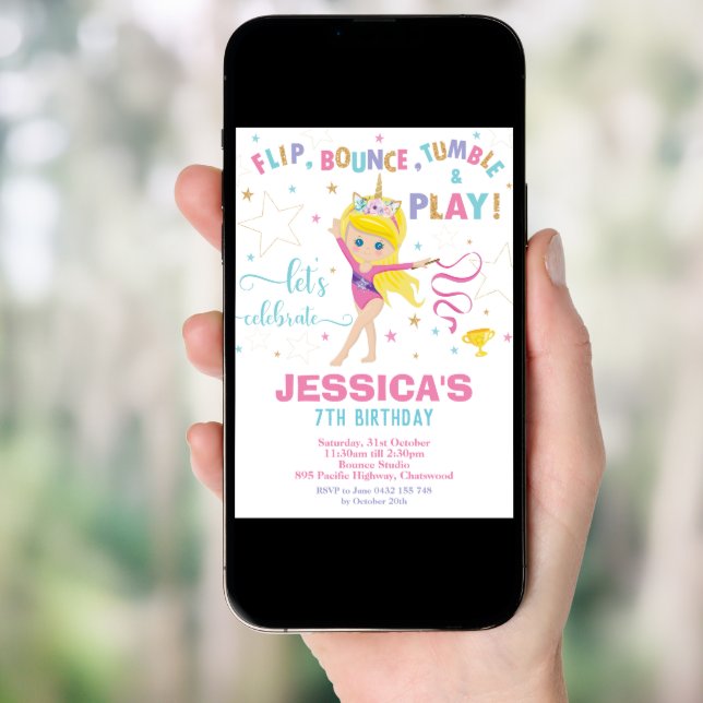 Gymnastics Birthday Party Unicorn Blond Girl Invitation (Front Digital)
