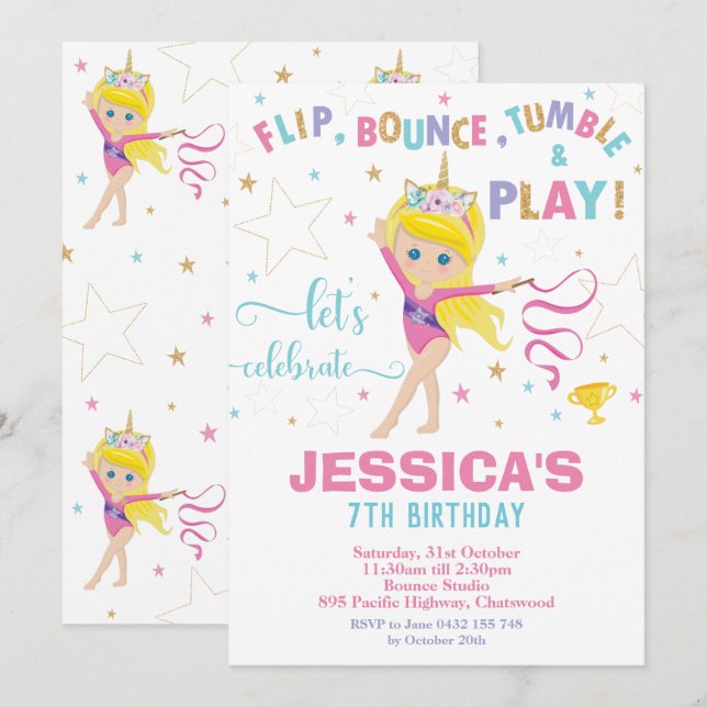 Gymnastics Birthday Party Unicorn Blond Girl Invitation (Front/Back)