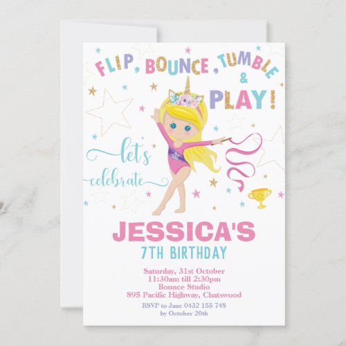 Gymnastics Birthday Party Unicorn Blond Girl Invitation