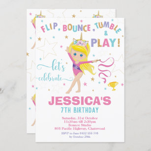 Gymnastics Birthday Party Unicorn Blond Girl Invitation
